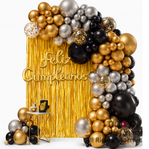 SET DE GLOBOS ARCO XL FELIZ CUMPLEA�OS ORO NEGRO Y PLATA (00009) 98 UNIDADES